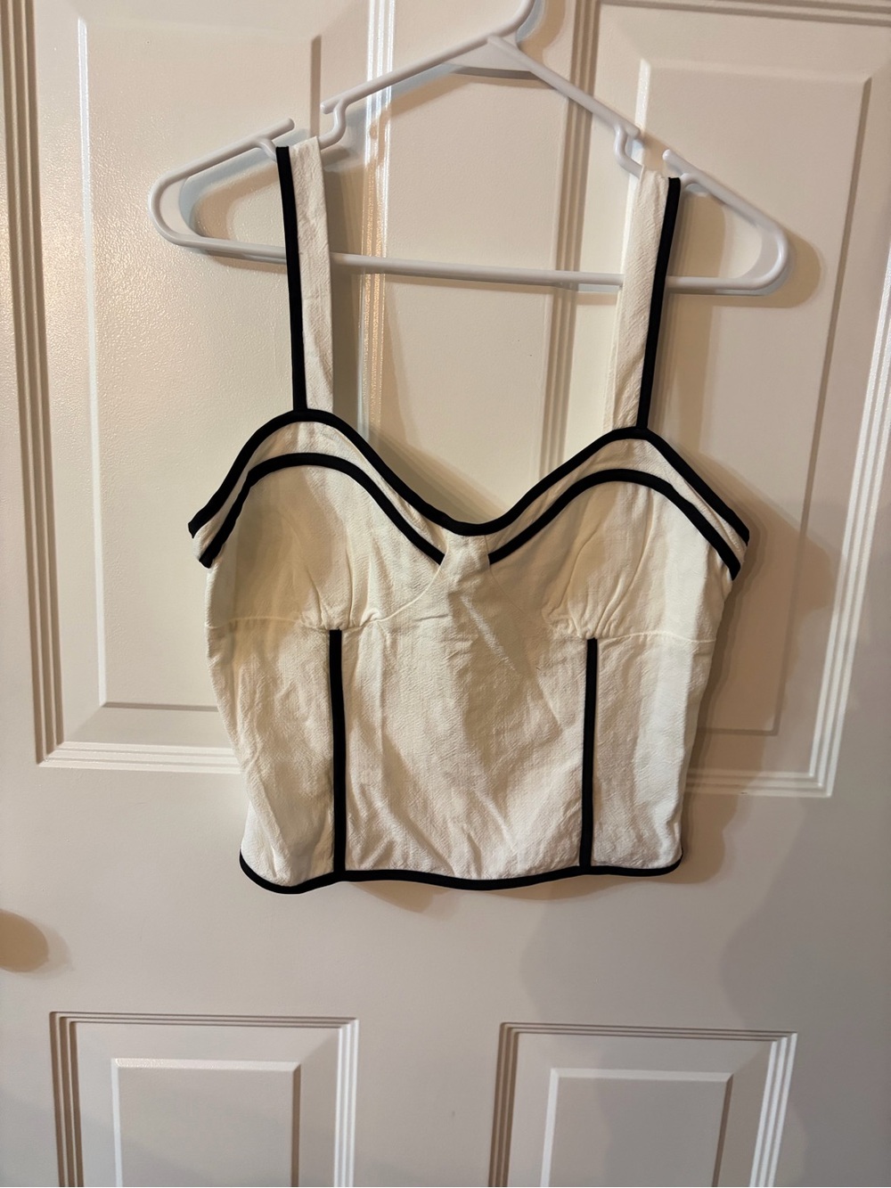 Ladies White Cropped Bustier Tank with Black Trim